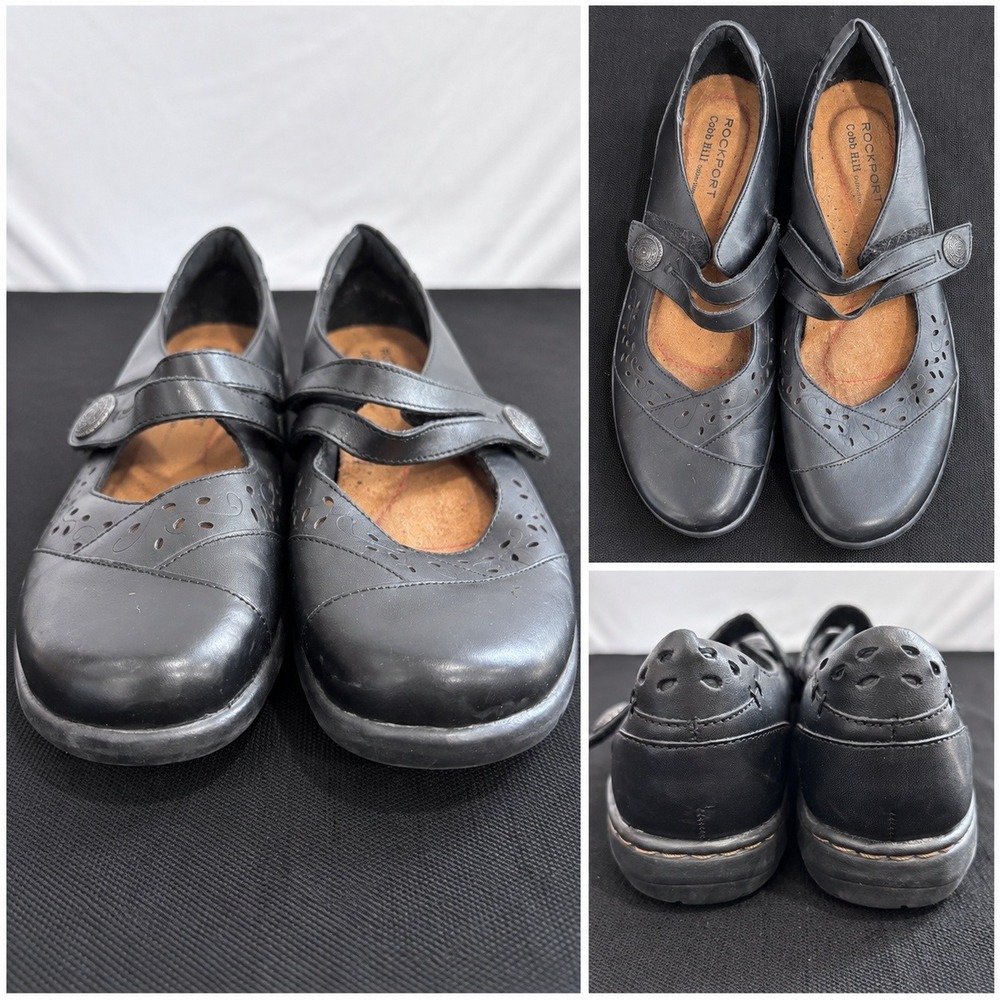 Rockport Cobb Hill Black Leather Laser Cut Mary Jane Shoes Womens 9.5 M